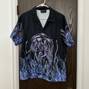 Vitriol Ziggy Anime Flame Black Short Sleeve Button Up Shirt Size M New